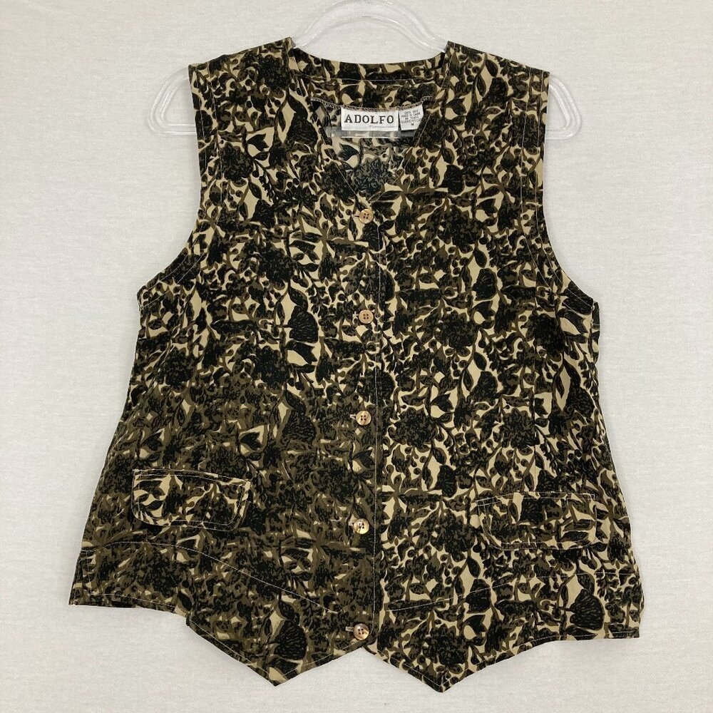 Vintage Adolfo Brown Floral Sleeveless 100% Silk Button Down Medium